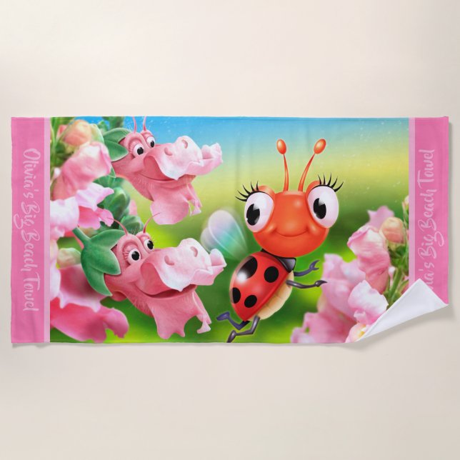 Large beach towel Ladybug flower garden. (Front)