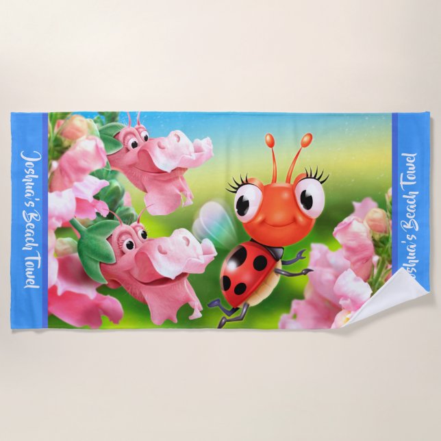 Large beach towel Ladybug flower garden. Blue edge (Front)