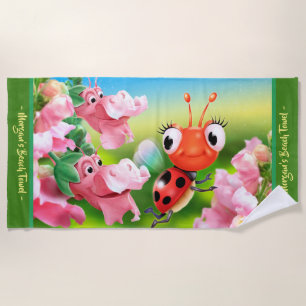 Large beach towel Ladybug flower garden.Green edge