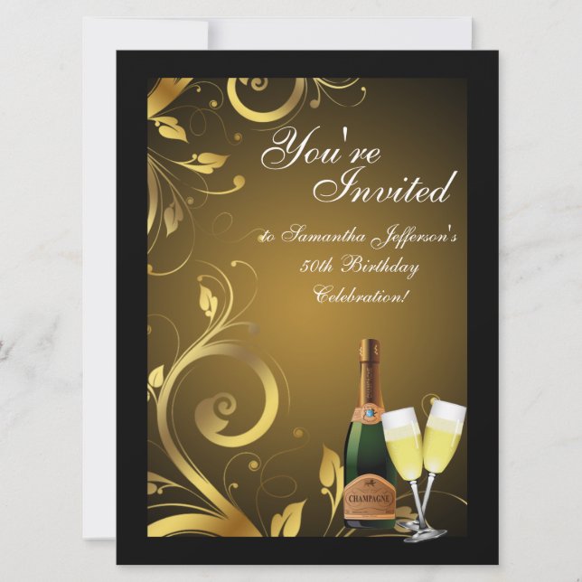 Large Black and Gold Swirl, Custom Birthday Party Invitation (Front)