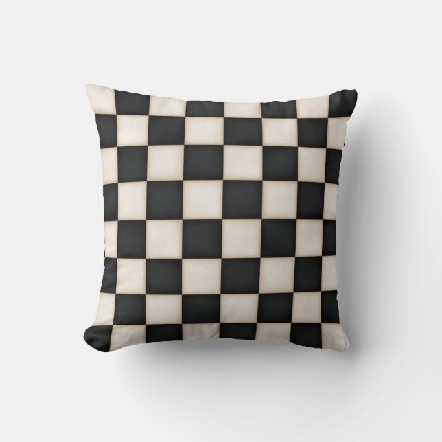 Large Black & Antique White Checkers Throw Pillow (Front)