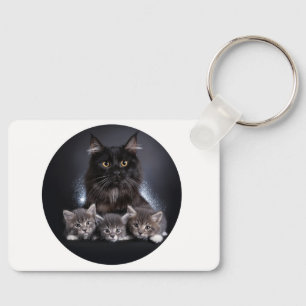 Large Black Cat And Her 3 Kittens Pose For Us Keychain
