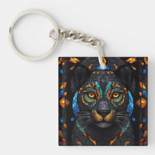 Large Black Cat Mosaic stained Glass effect Keychain