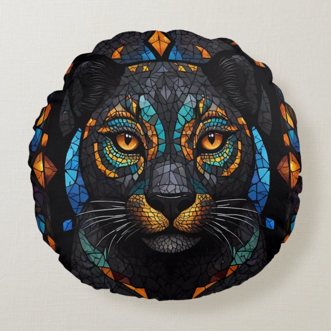Large Black Cat Mosaic stained Glass effect  Round Pillow (Front)