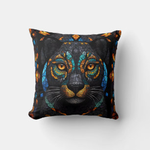 Large Black Cat Mosaic stained Glass effect Throw Pillow