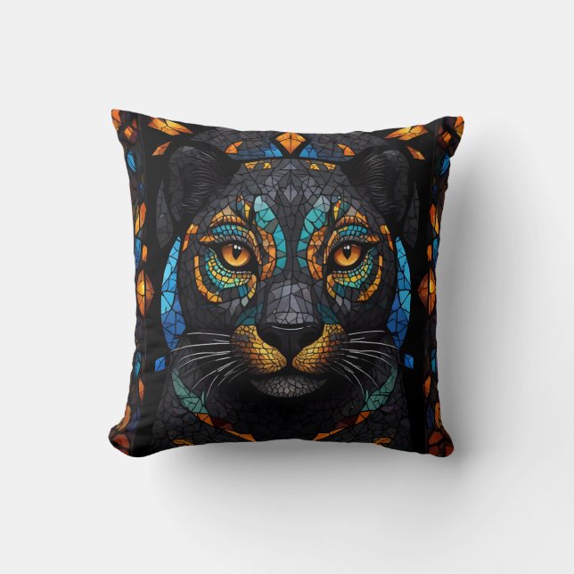 Large Black Cat Mosaic stained Glass effect  Throw Pillow (Front)