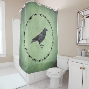 Large Black Crow in Circle Black Barbed Wire Green