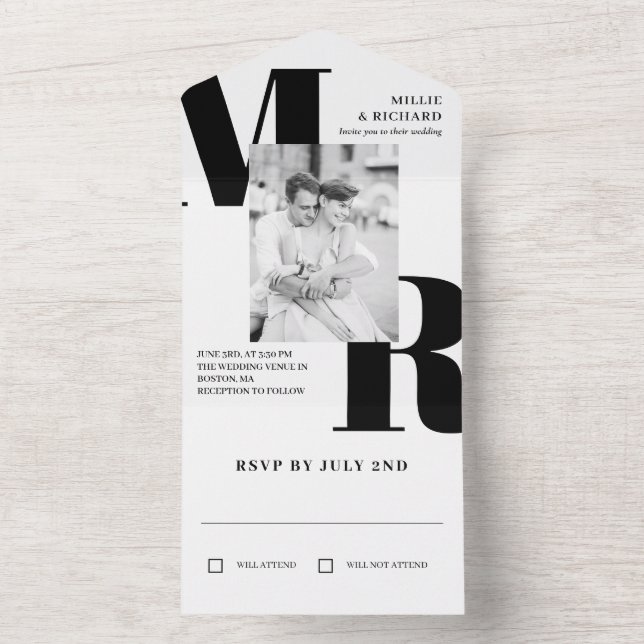 Large Black Initials Typography Photo Wedding All In One Invitation (Inside)