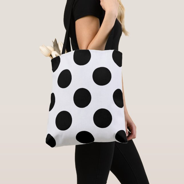 Large Black Polka Dots Pattern on White Tote Bag (Close Up)