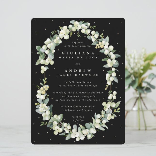 Large Black Snowberry + Eucalyptus Wedding Invitation (Standing Front)