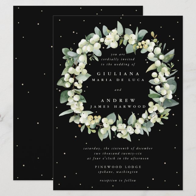 Large Black Snowberry + Eucalyptus Wreath Wedding Invitation (Front/Back)