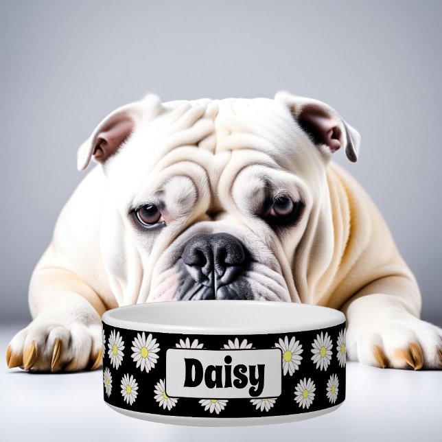 Large Black & White Daisies Personalized Dog Bowl (Creator Uploaded)