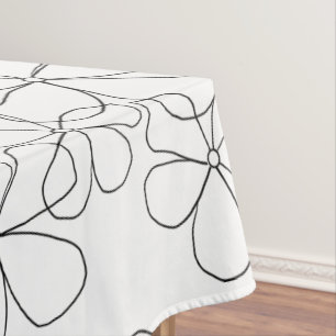 Large Black White Hand-Drawn Flowers Tablecloth