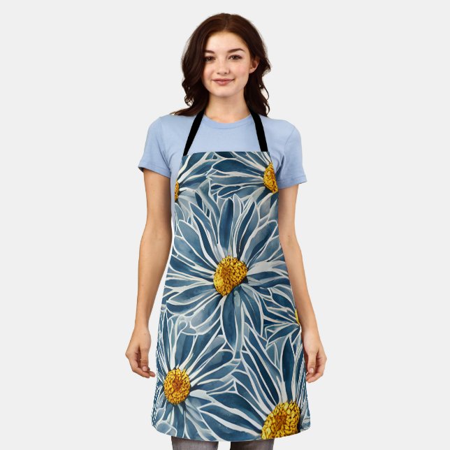 Large Blue and yellow Flowers Seamless Pattern Apron (Worn)