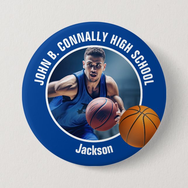 Large Blue High School Basketball Player Photo 3 Inch Round Button (Front)