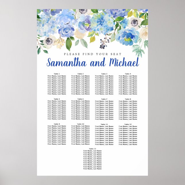 Large Blue Hydrangea 13-Table Seating Chart (Front)