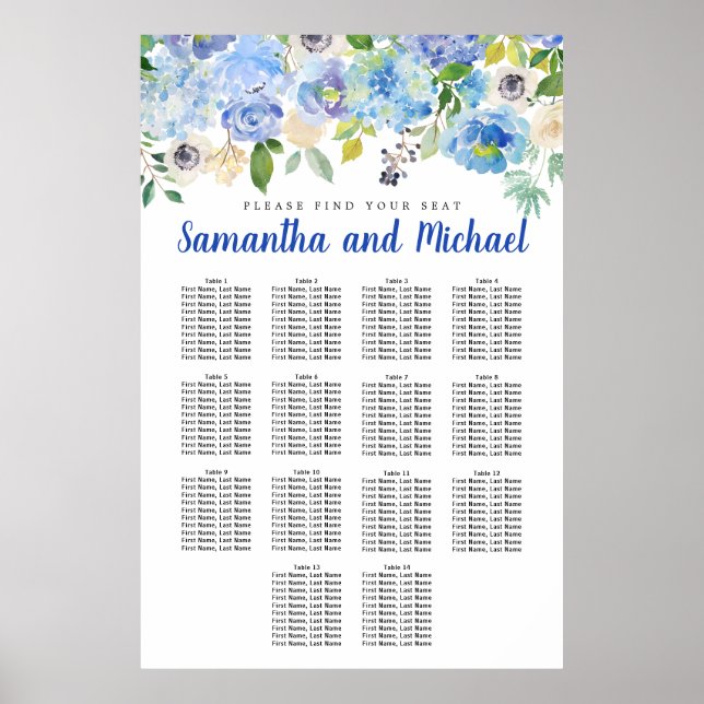 Large Blue Hydrangea 14-Table Seating Chart (Front)
