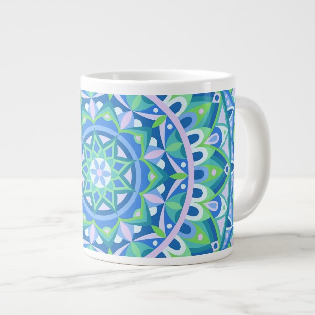 Large Blue Mandala Boho Oversized Spiritual Cozy Coffee Mug (Front Right)