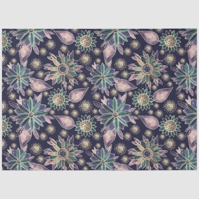Large Blue Retro Flower Pattern Decoupage Tissue Paper (Front)