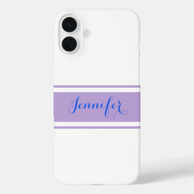 Large Blue Script Name, Lavender Stripes on White Case-Mate iPhone Case (Back)