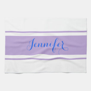 Large Blue Script Name, Lavender Stripes on White Kitchen Towel