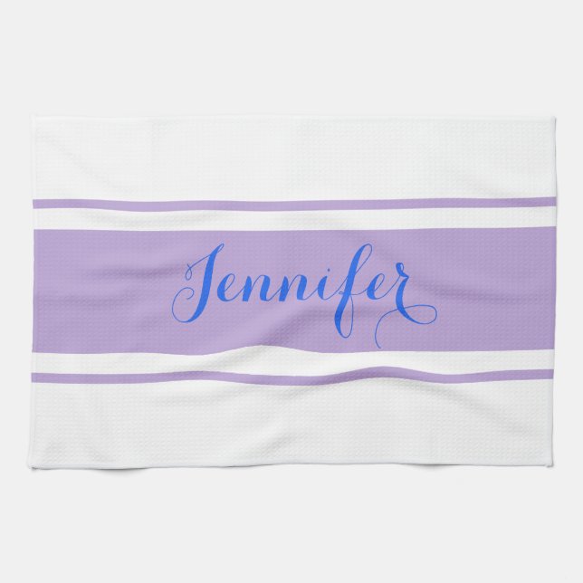 Large Blue Script Name, Lavender Stripes on White Kitchen Towel (Horizontal)