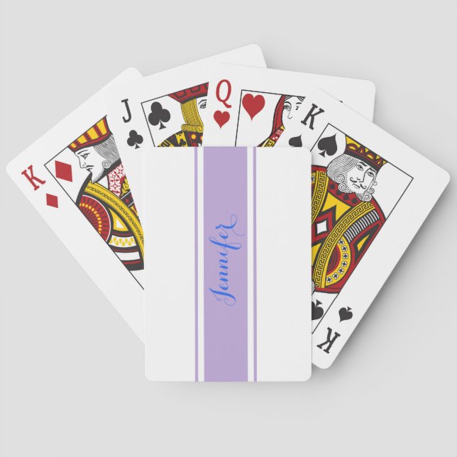 Large Blue Script Name, Lavender Stripes on White Playing Cards (Back)
