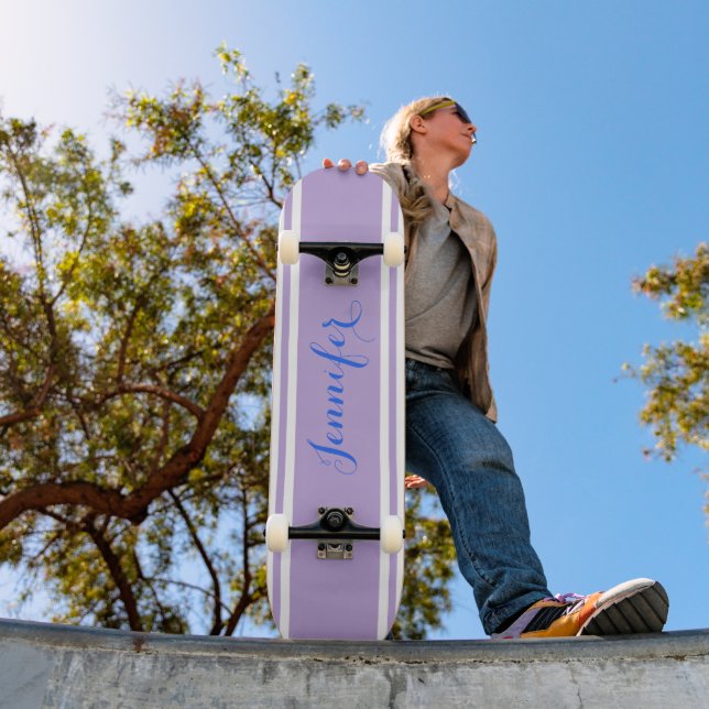 Large Blue Script Name, Lavender Stripes on White Skateboard (Outdoor 1)
