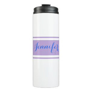 Large Blue Script Name, Lavender Stripes on White Thermal Tumbler