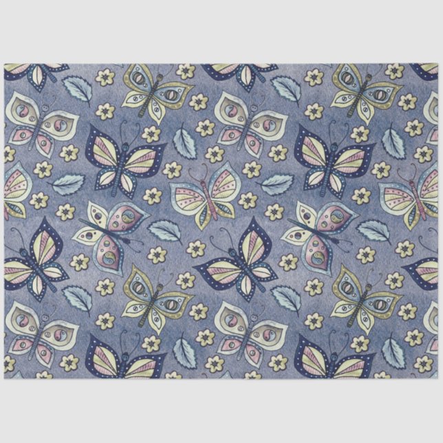 Large Blue Seamless Butterfly Pattern Decoupage Tissue Paper (Front)