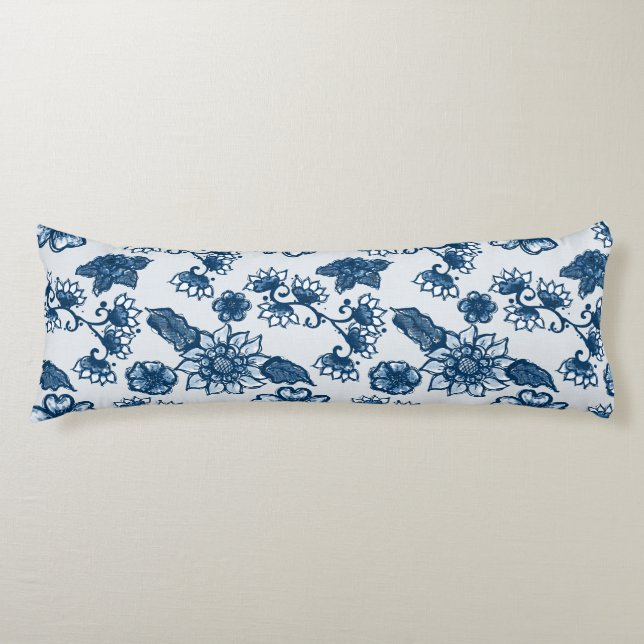 Large Boho Flowers Classic Blue Body Pillow (Front)