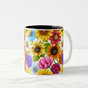 Large Bold Botanical Colorful Flowers Two-Tone Coffee Mug