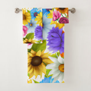 Large Bold Botanical Colourful Flowers Bath Towel Set
