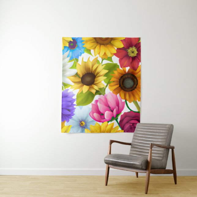 Large Bold Botanical Colourful Flowers  Tapestry (In Situ)