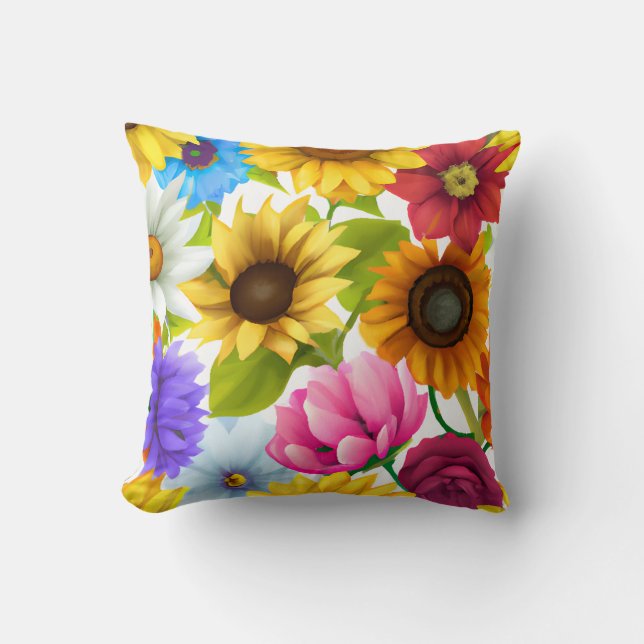 Large Bold Botanical Colourful Flowers Throw Pillow (Front)