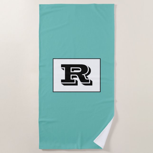Large Bold Outlined Black Monogram, Lt Teal Beach Towel (Front)