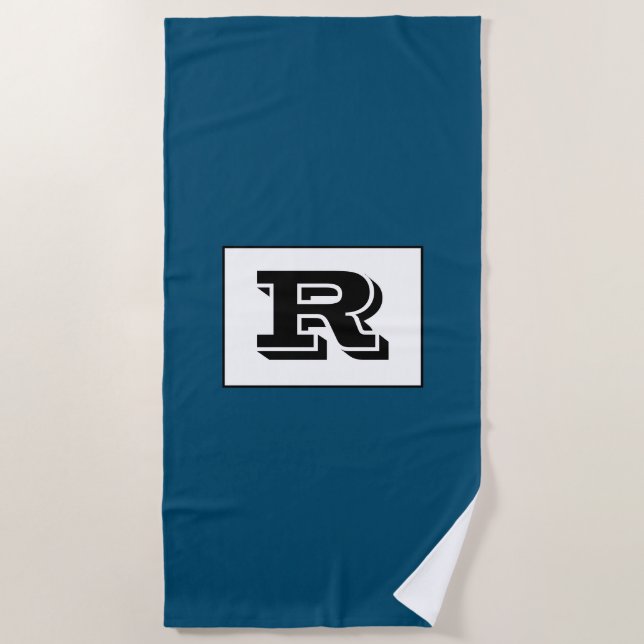 Large Bold Outlined Black Monogram, Ocean Blue Beach Towel (Front)