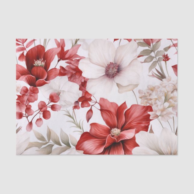 Large Botanical Red and White Flowers Eucalyptus Tissue Paper (Front)