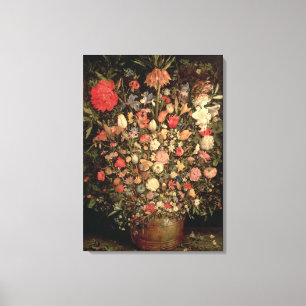 Large bouquet of flowers in a wooden tub canvas print