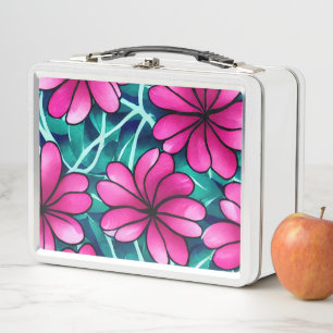 Large Bright Pink Flower Pattern Metal Lunch Box