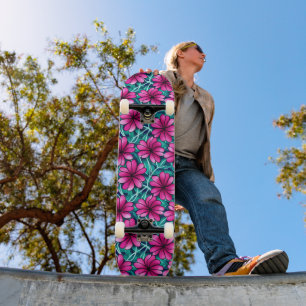 Large Bright Pink Flower Pattern Skateboard