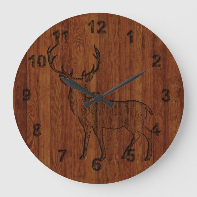 Large Buck carved wood Effect Rustic and Beautiful Large Clock (Front)
