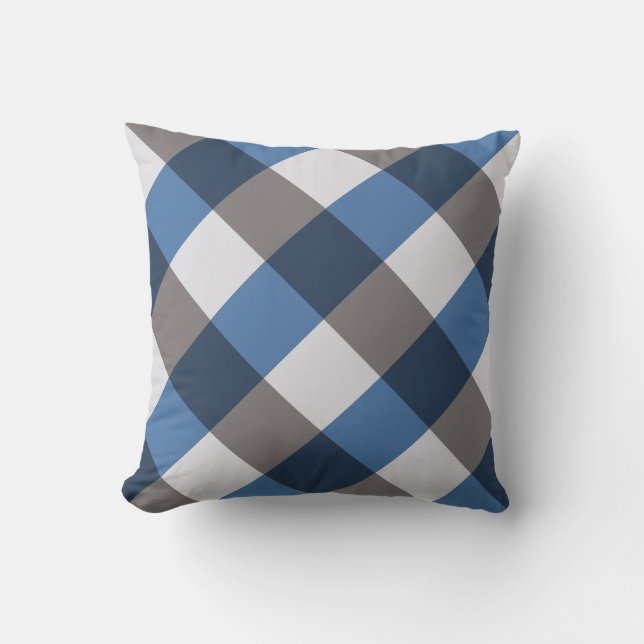 Large Buffalo Check, grey / grey and blue Throw Pillow (Front)