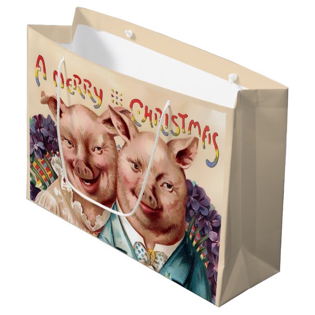 Large Christmas Pigs Gift Bag (Front Angled)
