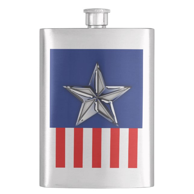 Large Chrome Like Silver Star on Festive Colours Hip Flask (Front)