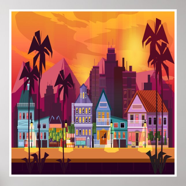Large City and Town Scene Art Poster (Front)