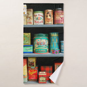 Large collection of colorful vintage cans displaye bath towel