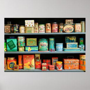 Large collection of colourful vintage cans display poster