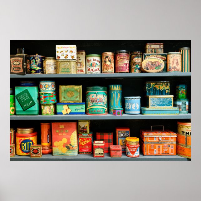 Large collection of colourful vintage cans display poster (Front)