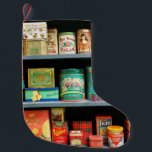 Large collection of colourful vintage cans display small christmas stocking<br><div class="desc">Large collection of colourful vintage cans displayed on a shelf used as retail packaging with brand advertising and arranged according to colour
vintage,  grocery,  shelf,  display,  advertising,  brand,  brands,  business,  canister,  cans,  collectibles,  collecting cans,  collection,  colour-coded,  colourful,  commerce,  consumer,  editorial,  food,  green,  vintage,  retro,  illustration</div>